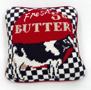 Vintage Needlepoint Miniature Pillow Fresh Butter Cow Red Velvet Back 8in Square